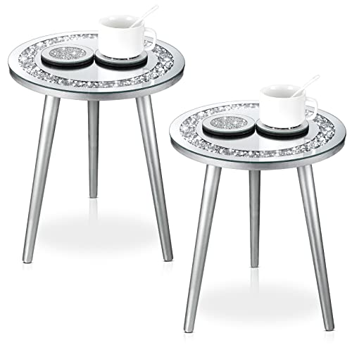 Mirrored End Table With Glass Mirrored Coasters Modern Silver Accent Table Bling Mirror Side Table Crushed Crystal Coasters Crushed Diamond Cup Mat For Living Room Home Kitchen Decor (Round, 6 Pcs) #TOP30
