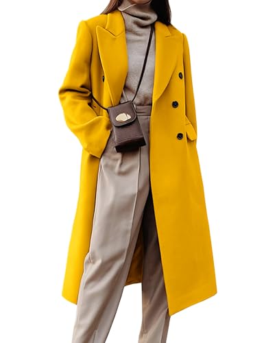 IDEALSANXUN Long Wool Coats for Women 2025 Fall Winter Double Breasted Trench Coats Tweed Blazer Dressy Jackets, Yellow, M