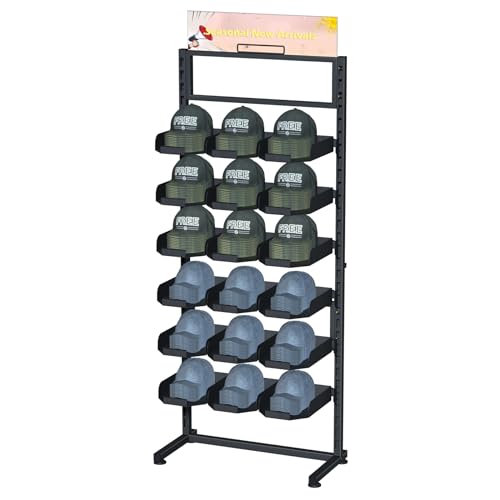 ztysn Large Hat Rack Stand - 6 Tier Adjustable Ball Cap Storage Organizer With 18 Plate Tray for 180 Baseball Hat,Standing Coat Rack, Commercial Home Use, Black Metal