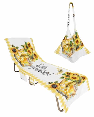 Sunflower Bee Beach Chair Cover with Side Pockets, Microfiber & Quick Dry Pool Chaise Lounge Chair Towels Covers for Sun Sunbathing Patio Garden Hotel, Yellow Buffalo Plaid Boot Spring Summer
