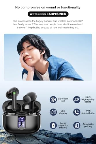 Image of Wireless Earbuds, Bluetooth 5.3 Headphones with HiFi Stereo Sound, 48H Playtime with LED Power Display Charging Case, IP6 Waterproof in Ear Earphone with Mic for Sport