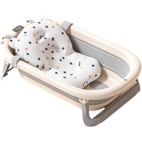 Momgla ベビーバス 折り畳み式 バス 赤ちゃん キッズ お風呂 沐浴 シンク 子供用品 0-8歳に適用 湯温計付き 軽量 省スペース 収納容易 沐浴 シンク+バスタブスタンド 新生児 乳幼児 (バスタブ+サスペンションパッド,グレー+デジタル温度表示