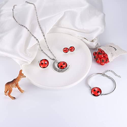 Chriscoco Good Luck Ladybug Jewelry Red Ladybug Bracelet Moon Necklace Ring Stud Set Ladybug Lover Gift Insect Wish Lucky Gift for Women Girl