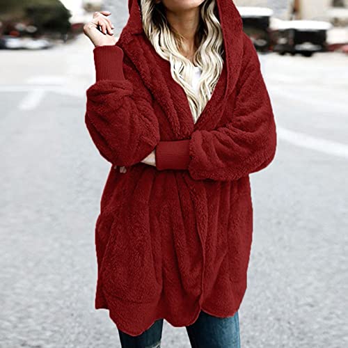 Teddy Bear Jacket for Women Open Front Cardigan Warm Faux Fur Jacket with Hood Ladies Winter Long Fleece Coat with Pockets3