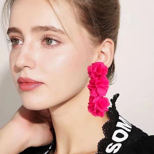 Anmpab Elegant Long Fabric 3-Layer Flower Tassel Earrings Bohemian Handmade Dangle Drop Earrings for Women Vintage Floral Statement Jewelry3