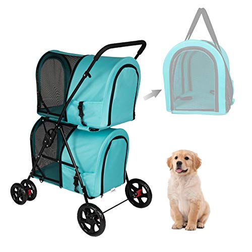 Kinsuite Pet Stroller with Detachable Carrier Folding Travel Carriage for Pets & Cats Easy to Walk Blue - Image 5