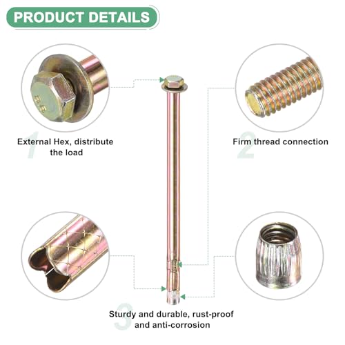 Image of M METERXITY 5-Pack Hex Expansion Bolt, M6x150mm Colored Galvanized Iron-Carbon Steel External Hex Expansion Bolts, Anti-Corrosion Metal Bolt for Concrete /Dry Brick /Block Walls
