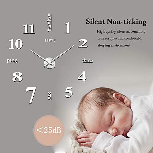Vreaone Frameless Diy Wall Clock,Large Modern 3D Mirror Wall Clock Decor Sticker Diy Clock Kit For Home Living Room Bedroom Office Wall Decorations(Silver) #TOP1