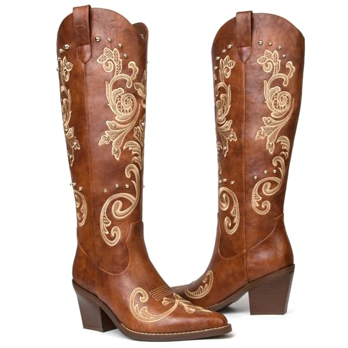 Image of Western Cowboy Boots for Women Knee High Cowgirl Boots with Classic Embroidered, Pointed Toe Chunky Heel Fashion Retro Classic Pull On Tall Boot Women Fall Winter