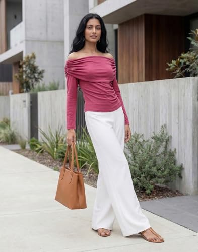 Image of Selvia Women's Off Shoulder Ruched Long Sleeve Top, Stylish Casual Slim Fit Stretch Top