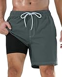difficort Men's Swim Trunks with Compression Liner 7' Quick-Dry Swimming Shorts with Zipper Pockets, Charcoal Grey, Large