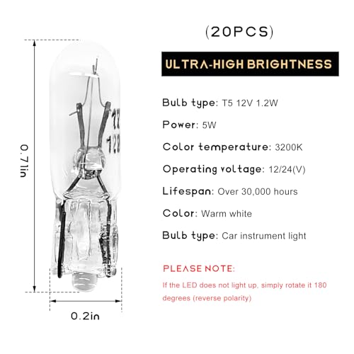 20 piezas bombillas halógenas T5 12V 1.2W para tablero miniatura 2
