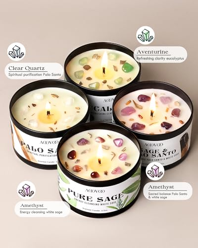 Image of AOOVOO 4 Pack Sage Candles - Sage, Palo Santo, Sage & Palo Santo, Eucalyptus Mint Candle Set with Crystals & Decor, 26oz 200 Hours Long Lasting, Non Toxic Candles for Spiritual House Energy Cleansing