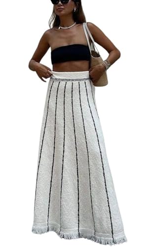 CHARTOU Women Striped Knit Long Skirt Elegant Elastic Waist Raw Cut Tassel Maxi Long Flowy Sweater Skirt