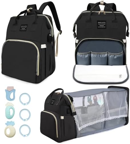 Diaper Bag with Changing Station, Baby Diaper Bag with USB Charging Port, Multi-functional Waterproof Travel Essentials Diaper Bag Backpack for Boys & Girls, Black