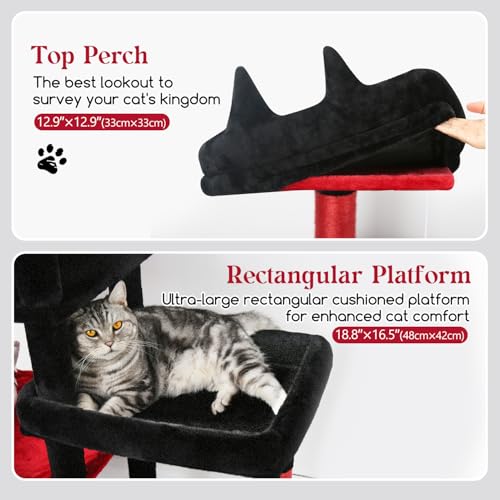 Image of Globlazer Extra Large Platform Gothic Cat Tree, 65in Tall Sturdy Goth Cat Tower for Multiple Indoor Cats, Big Cat Tree for Large Cat with 3 Enlarged Perches, 6 Scratching Posts, Condo, S65, Red Black