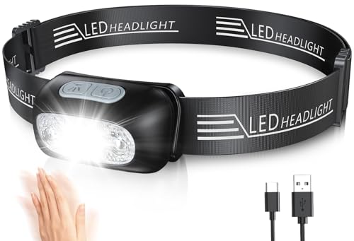 Glangeh Kopflampe LED Wiederaufladbar, Angelbeleuchtung mit Bewegungssensor & 4 Lichtmodi, IPX6 Wasserdicht, 1200 mAh Akku Kopflampe Beleuchtung für Joggen Laufen Campen Angeln Wandern Handwerker