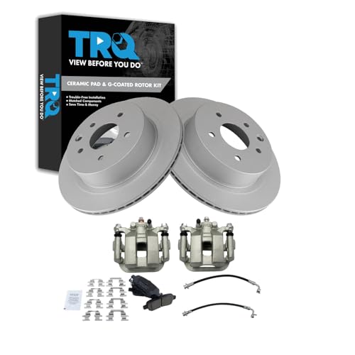 Image of TRQ Rear Brake Pad and Rotor Set Ceramic G Coated Rotors Calipers Compatible with 2003-2005 Infiniti G35 350Z