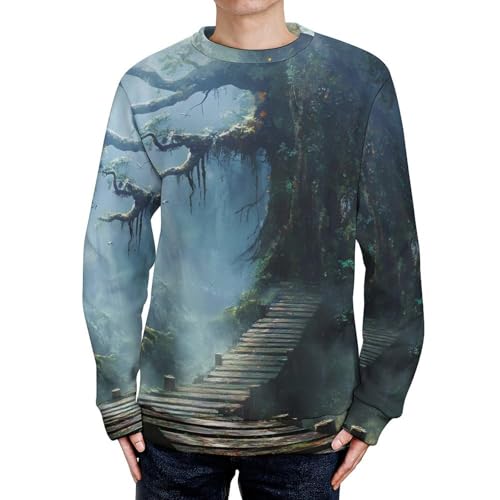 Misty Forests with Towering Trees Men's Crew Neck Sweater Knit Pullover Women Casual Long Sleeve Crewneck Loose Fit Top