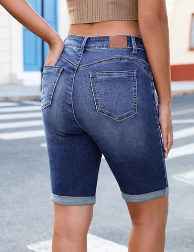 Image of luvamia Bermuda Jean Shorts Women High Rise Stretchy Cuffed Hem Denim Jorts