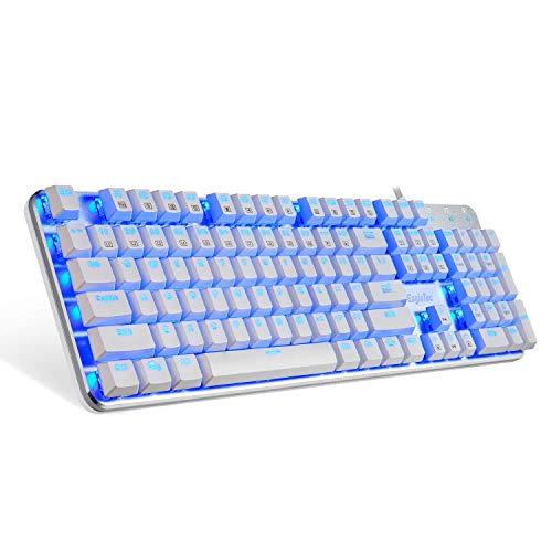 EagleTec KG051-BR Blue LED Backlit Mechanical Gaming Keyboard Low Profile Mechanical Gamers Keyboard 104 Key Mechanical Computer USB Gaming Keyboard for PC Quiet Cherry Brown Switches (White Version)