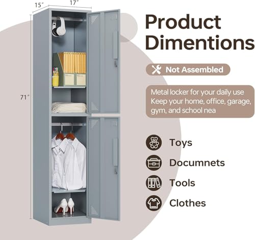 AFAIF Metal Storage Locker, Metal Locker with 2 Doors, 71\" Tall Steel Storage Lockers for Employees, Locker Storage Cabinets Organizer for School, Gym, Home Office, Staff