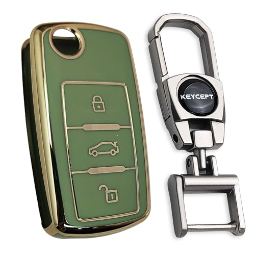 Image of Keycept Gold Line TPU Key Cover Compatible with Polo, Vento, Jetta, Ameo, Passat, Rapid, Laura, Superb, Octavia, Fabia, Yeti 3 Button Flip Key with Keychain. (Type 2, Green)