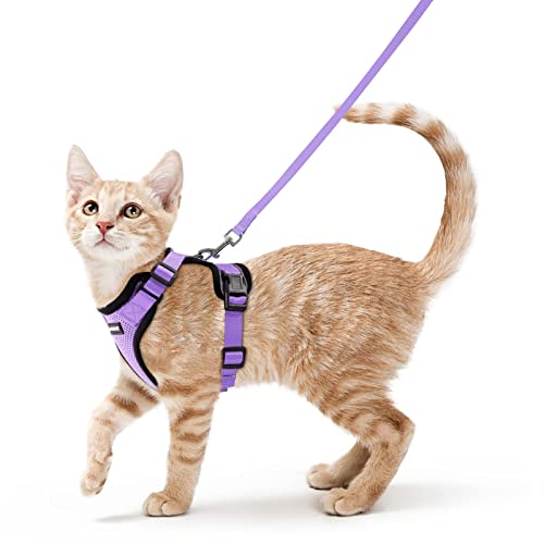 Rabbitgoo 猫 ハーネス リード セット 抜けない ソフト胸あて 軽量 超小型犬 小型犬 猫 散歩 用 ハーネス 胴輪 足を上げず装着完成 サイズ調節可 夜反射 通気メッシュ 咳込み防止 猫 散歩 紐 ひも はーねす りーど(ライトパープル XS
