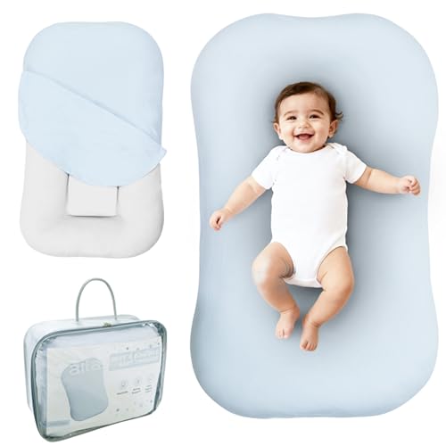 Image of Aila + Aiden Baby Lounger | Organic Cotton Infant Lounger | Adjustable & Portable Floor Lounger | Supervised Use | Soft, Breathable, Washable Cover - Snuggle Collection - (Blue)
