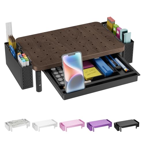 Image of WALI Plastic Computer Monitor Stand with Storage, Desk Organizer with Drawer and Pen Holder, Desk Monitor Riser 3 Height Adjustable, Laptop Riser for Computer, Laptop, Printer(PTT003-C), 1 Pack, Brown