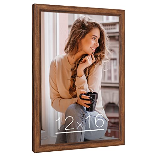 12x16 Picture Frame Brown Wood, Rustic Natural 16x12in Woodgrain Frame, Distressed Brown 12 x 16 inch Gallery Wall Photo Poster Frame with HD Plexiglass, Horizontal Vertical Wall Mounting Display 1pcs