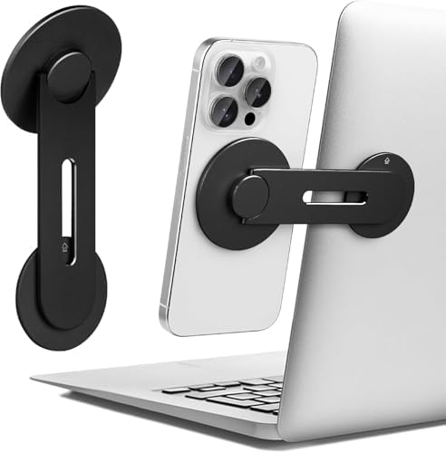 RIGGEAR Metal Magnetic Phone Mount for Laptop/Monitor, Laptop Mobile Holder Compatible with Magsafe for MacBook, 180° Adjustable Continuity Camera, Works with All Phones Using Included Ring (Black)