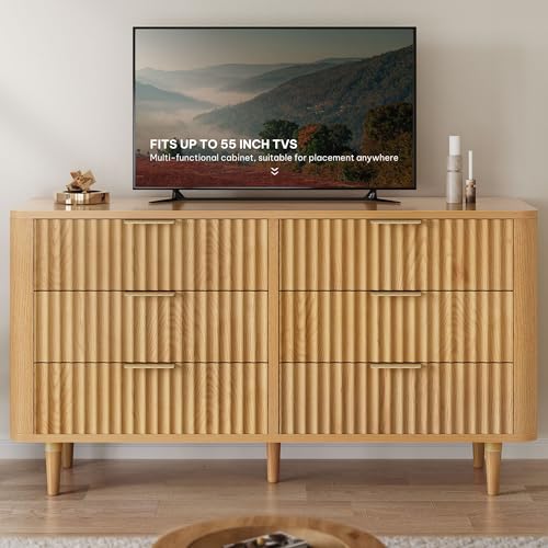 YITAHOME TV Stand with Fluted Panel, 47.2" Wide Mid-Century Modern for 48/50/55 inch TVs, 6 Drawer Entertainment Center with Storage, TV and Media Console for Living Room, Nature Oak