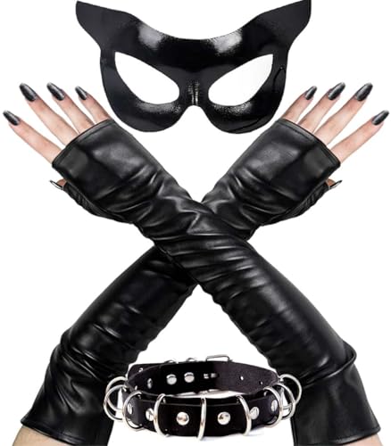 OLYPHAN Black Cat Mask Costume Accessories Cat Woman Costume for Women Halloween Masquerade Mask Adult Sexy Shiny Arm Sleeve Gloves & Faux Leather Choker Necklace 3PC