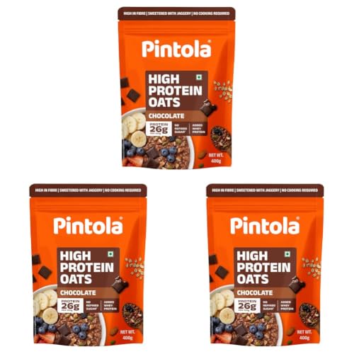 Image of PINTOLA 26g High Protein Oats 400g, Dark Chocolate, No Refined Sugar, with Almonds, Raisins, Pumpkin & Chia Seeds, 9.6g Fibre, Rolled Oats for Weight Loss, Breakfast Cereals | Gluten Free (Pack of 3)