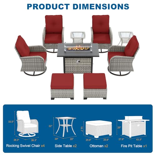 Image of 9-Piece Small Patio Furniture Set, Outdoor Swivel Rocking Chairs Set with 55,000 BTU Fire Pit Table Wicker Chairs and Ottomans, Patio Bistro Set for Balcony, Deck, Porch, Red