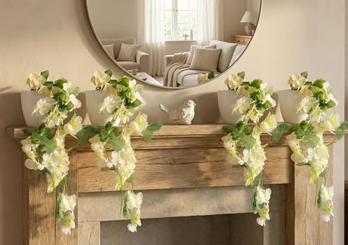 Image of Dekorly Artificial Hanging Garland with Pot -100cm White Vine |10cm Decorative Pot for Table, Realistic Faux Blooms Cascading Floral Decor (4, White)