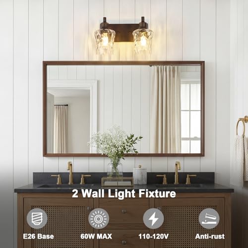 Image of Bathroom Light Fixtures Farmhouse Oil Rubbed Bronze Vanity Lights for Bathroom Lighting Fixtures Over Mirror with Hammered Glass Lampshade for Cabinet Mirror Bedroom Hallway 2 Light