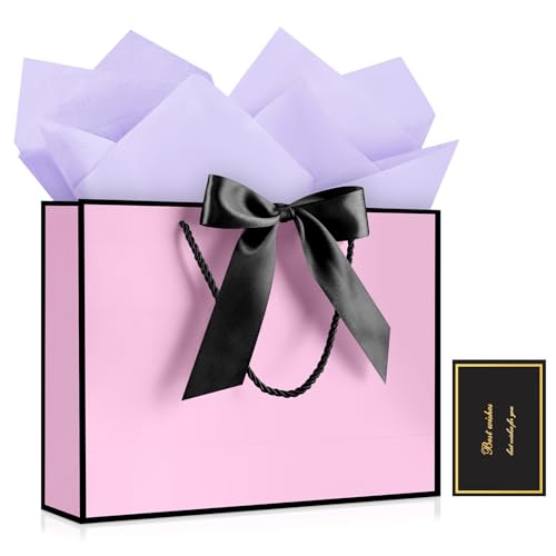 Image of JMANNI Mothers Day Gift Bags with Handles, 13 inch Medium Gift Bag for Presents, 1 Pcs Bags with 2 Tissue Paper and 1 Cards for Baby Shower Wedding Bridal Shower Mother's Day Birthday Party (Purple-Black