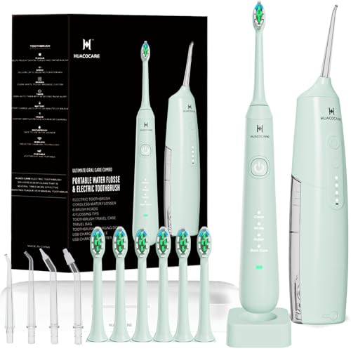 Irrigador Dental y Cepillo de Dientes Eléctrico Sónico 2 en 1 – Kit de Limpieza Oral Portátil | Irrigador Bucal Inalámbrico IPX7, 3 Modos Agua, 4 Modos De Cepillado para Limpieza Dientes (verde claro)