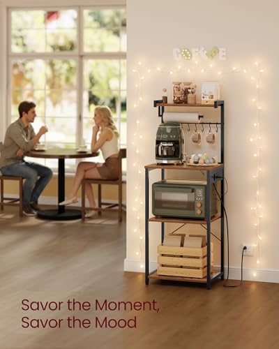 Image of VASAGLE BARNET Collection - Kitchen Bakers Rack with Power Outlet, 17.7-Inch Wide Coffee Bar 4-Tier with 8 S Hooks, Modern Microwave Stand, Adjustable Shelf, Rustic Brown and Ink Black UKKS013KD01