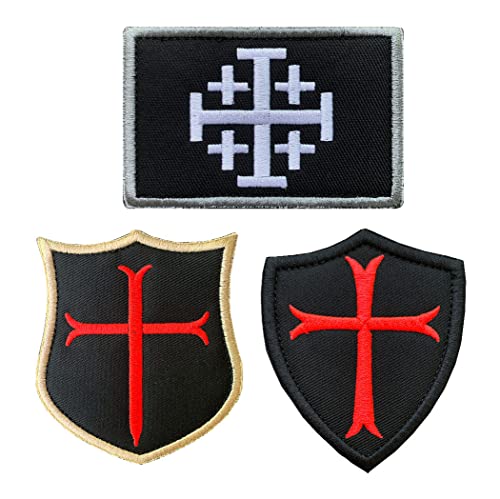 Antrix 3 Pieces Jerusalem Cross Crusader Order Holy Sepulchre Crusader Shield Emblem Patch and Crusader Knight Emblem Badge Patch Hook & Loop Tactical Military Patches