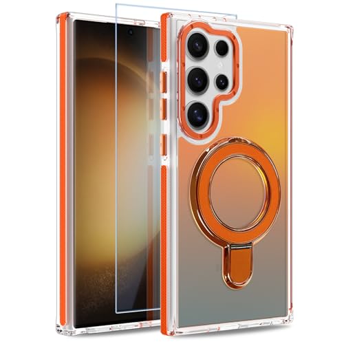 Image of Magnetic for Samsung Galaxy S23 Ultra Case with Stand [Compatible with Magsafe] [Cute Fluorescent Design] [1 Screen Protector] Slim Translucent Matte Case for Galaxy S23 Ultra 6.8 inch, Orange