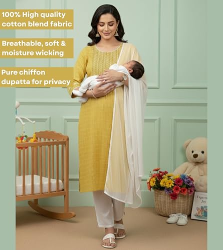 Image of DUMMY SHAPE Pregnancy Dresses for Women Cotton | Floral Maternity Kurta Pant Dupatta Set with Dual Nursing Zippers | Pre & Post Partum | Feeding Kurtis | Baby Shower | Gifts for Pregnant Woman