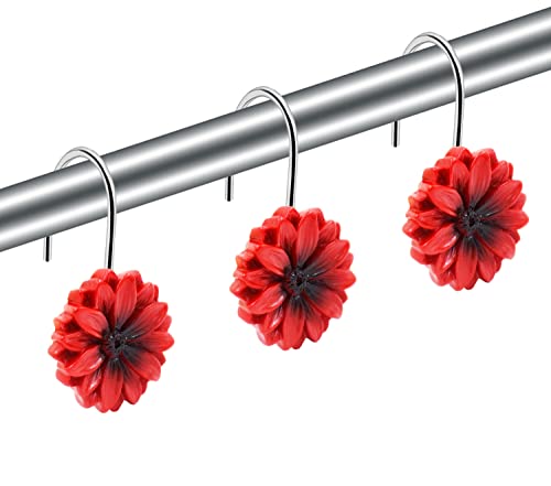 CandyGrid Duschvorhang-Haken mit roten Blumen, dekorative Duschvorhang-Haken, Ringe, Duschhakenringe für Gardinenstangen, rostfreie Metallhaken - 12 Stück (rot) Cover