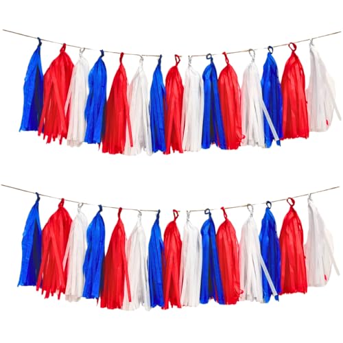 Image of Red White and Blue Tassel Garland,Tissue Tassel Banner for Party Decorations,Pack of 15