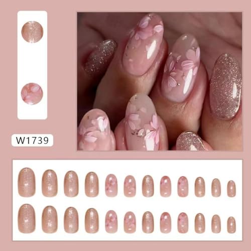 Image of Pink Flower Press on Nails Nude Fake Nails with Gold Line Design Glitter Full Cover Glue on Nails Reusable Artificial Acrylic Glossy Spring Stick on Nials Short Almond False Nails for Women manicure