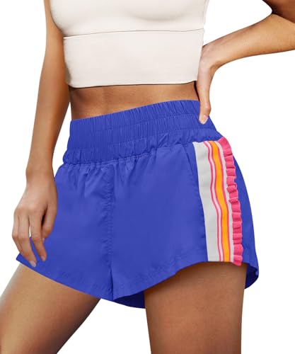 LAMISSCHE Womens Running Shorts Athletic High Waisted Biker Shorts Summer Workout Quick Dry Striped Ruffle Short(Royal Blue,XS)