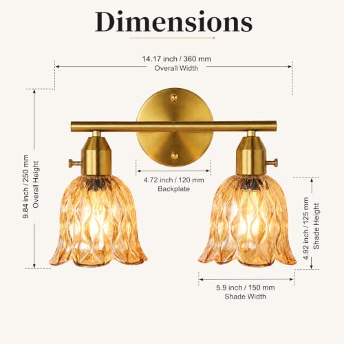 Image of 14.17 inch 2-Light Bathroom Light Fixtures, Gold Vintage Vanity Lights with Clear Amber Glass Shades, Bathroom Wall Lamp for Mirror Living Room Cabinet Bedroom Porch