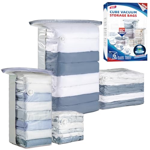 Image of TAILI 6 Pack Vacuum Storage Bags, Cube Combo (3 Jumbo+3 Medium), Cream | Vacuum Seal Bags for Clothing, Bedding, Comforters, Blankets, Space Saver No Pump Compression Cube, 2 Size